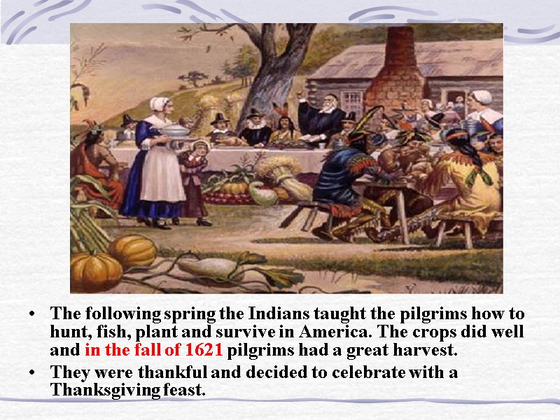 The following spring the Indians taught the pilgrims how to hunt, fish, plant and